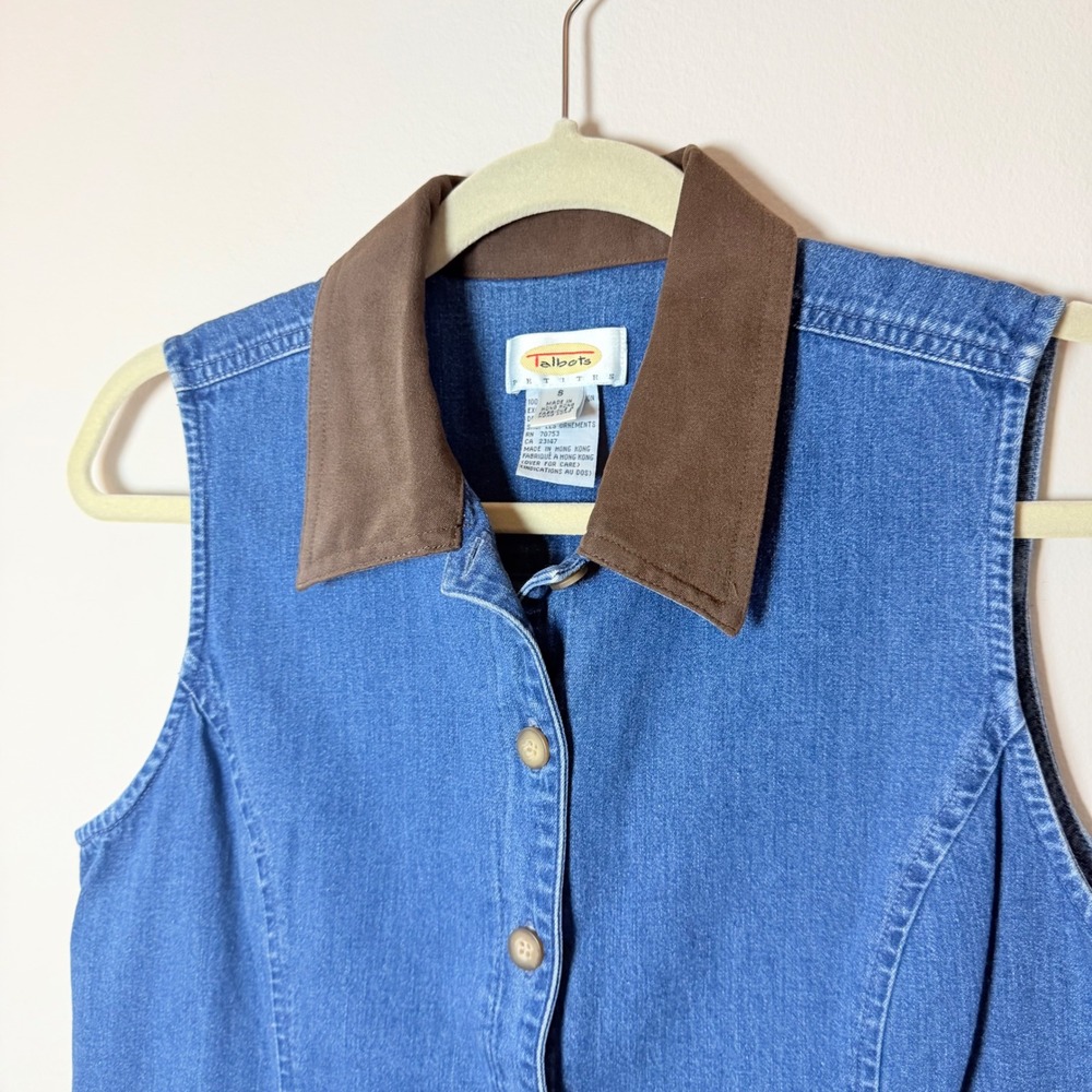 Vintage Y2K Talbots Button Down Denim Sleeveless Top Faux Suede Collar 90s SZ S - Picture 2 of 7